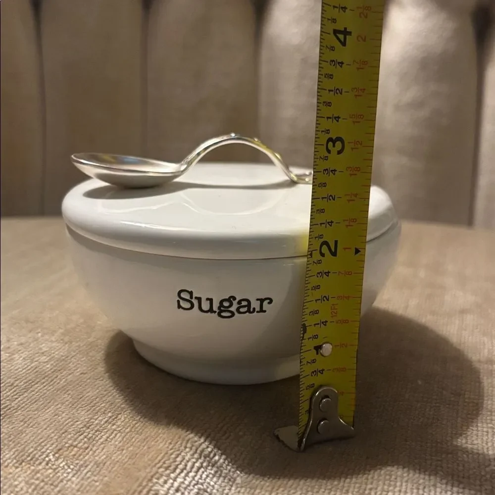 Mudpie White Sugar Bowl with Silver Spoon Handle on Lid